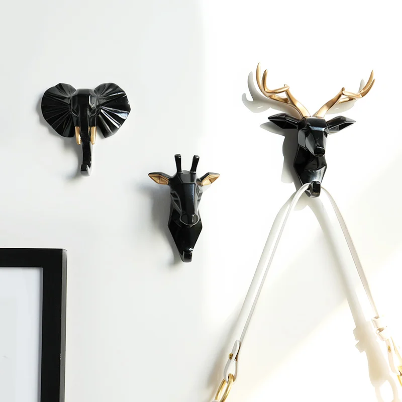 Resin Home Decor Animal Head Nordic Wall Hooks Key Holder Wall Decor Horse Elephant Deer Key Hooks Hanger Handbag Holder