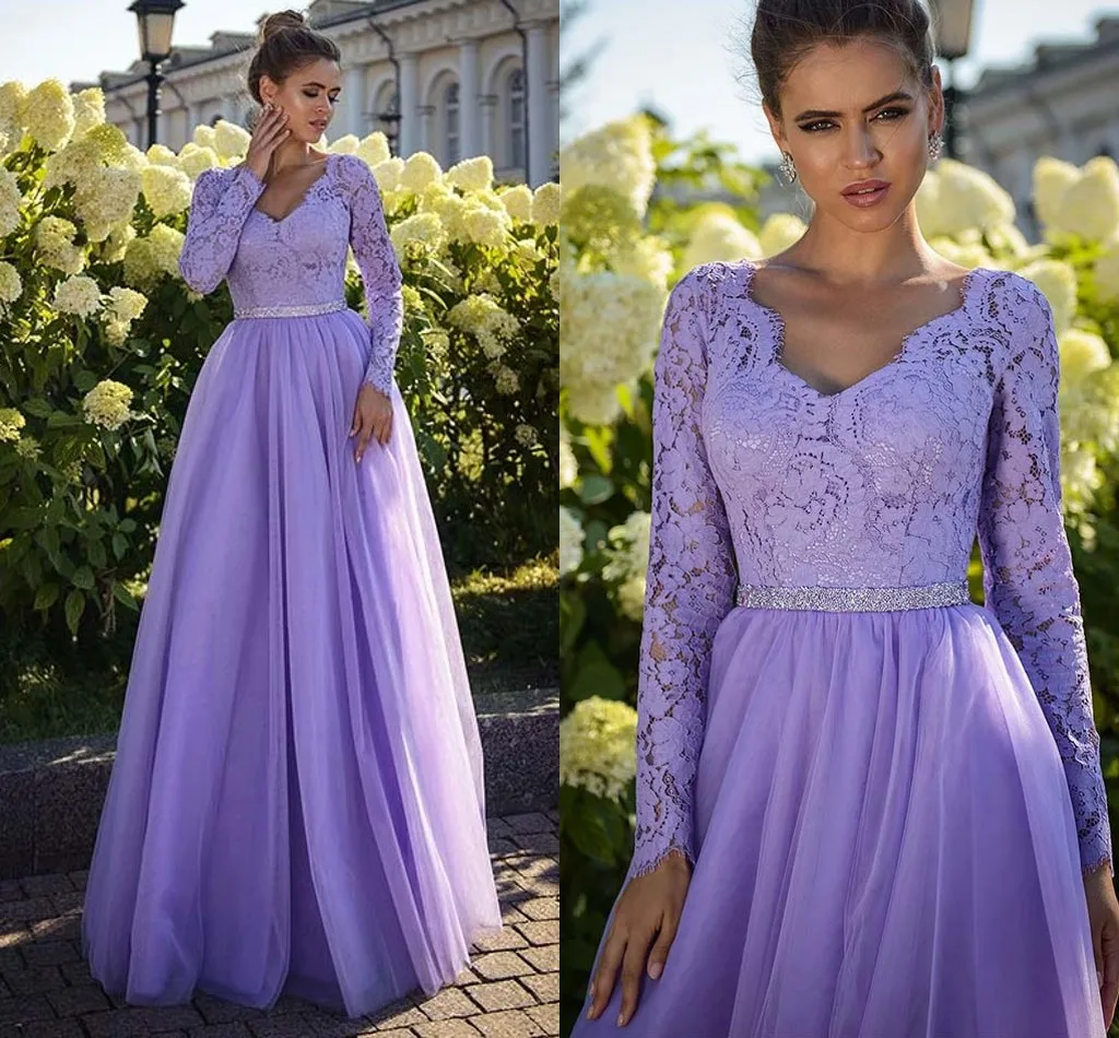 Personalizado lilás renda manga longa vestidos de festa à noite com decote em v frisado cinto de volta para fora vestido formal de baile personalizado robe de soirée