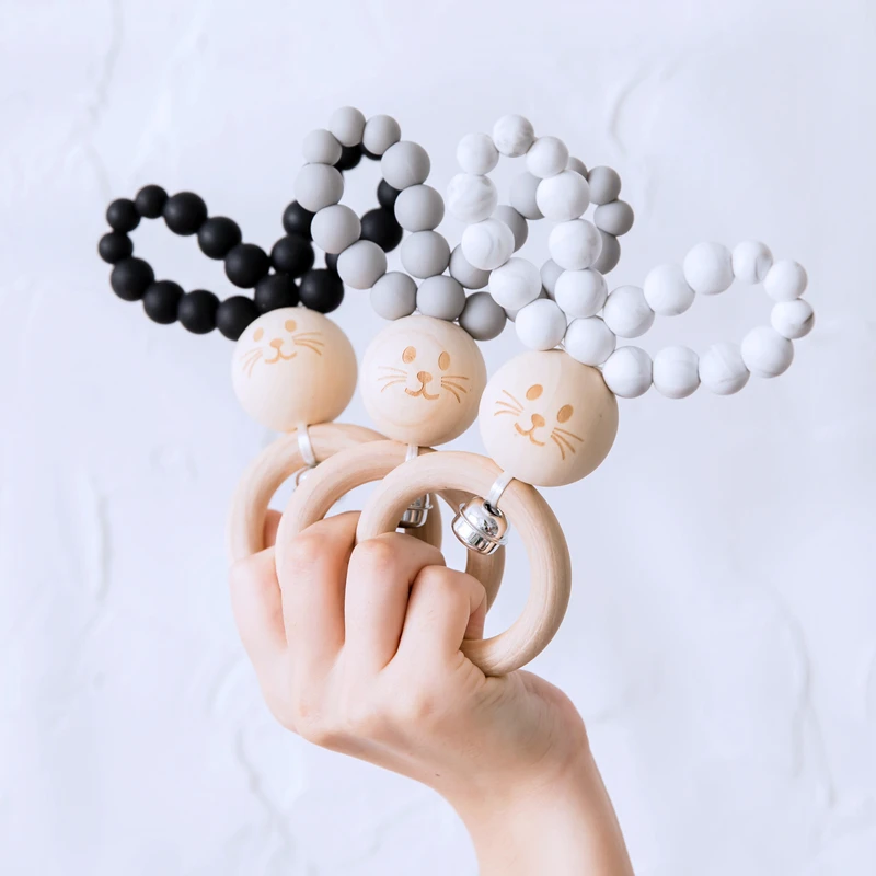 Wooden Baby Teethers Bunny Beech Wood Rattles Teething Rodent Tiny Rod Baby Toys Pendant For Newborn Nursing Children Products