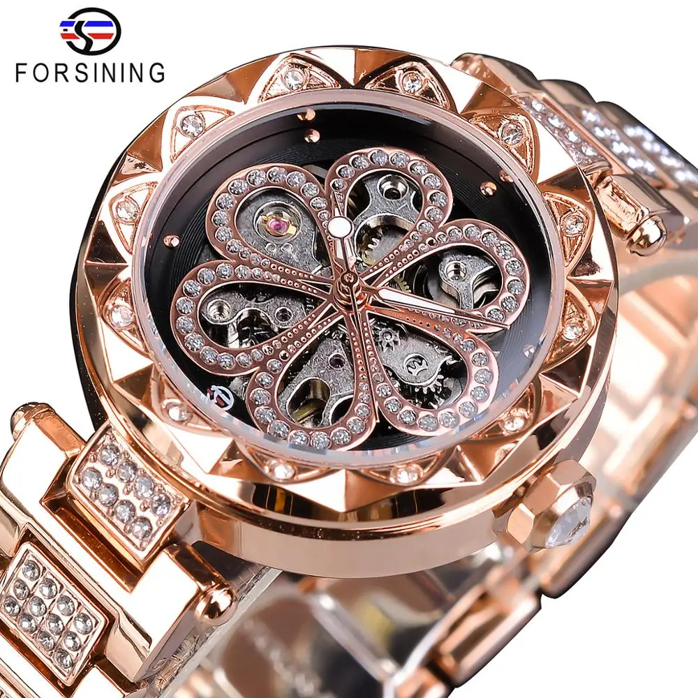 Forsining-reloj mecánico de acero inoxidable para mujer, accesorio de pulsera resistente al agua con diamantes de imitación, complemento mecánico