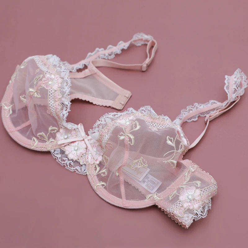 

Pink Transparent Women Bras Underwear Set Plus Size C D Floral Lace Underwire Push Up Bra And Panties Sets Female Sexy Lingerie