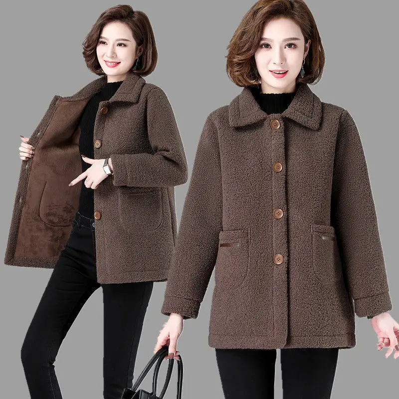 Women Autumn Winter Lambswool Coat  New Middle-aged Mother Fleece Jacket Add Velvet/No Velvet Overcoat  5XLA582