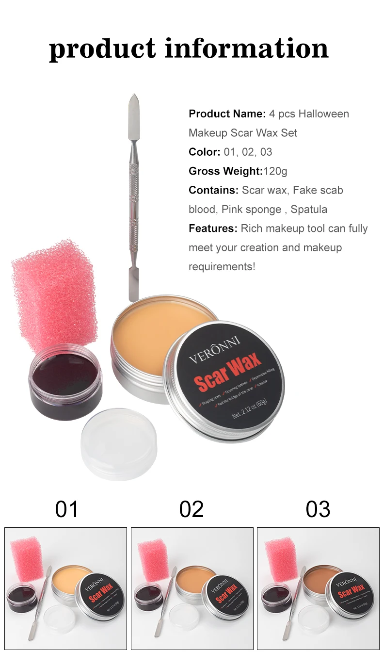 SFX Makeup Kit Narbenwachs Halloween Spezialeffekte Bühne Fake Wunde Hautwachs mit Spatel Stipple Schwamm Fake Wood Special – Detail 3