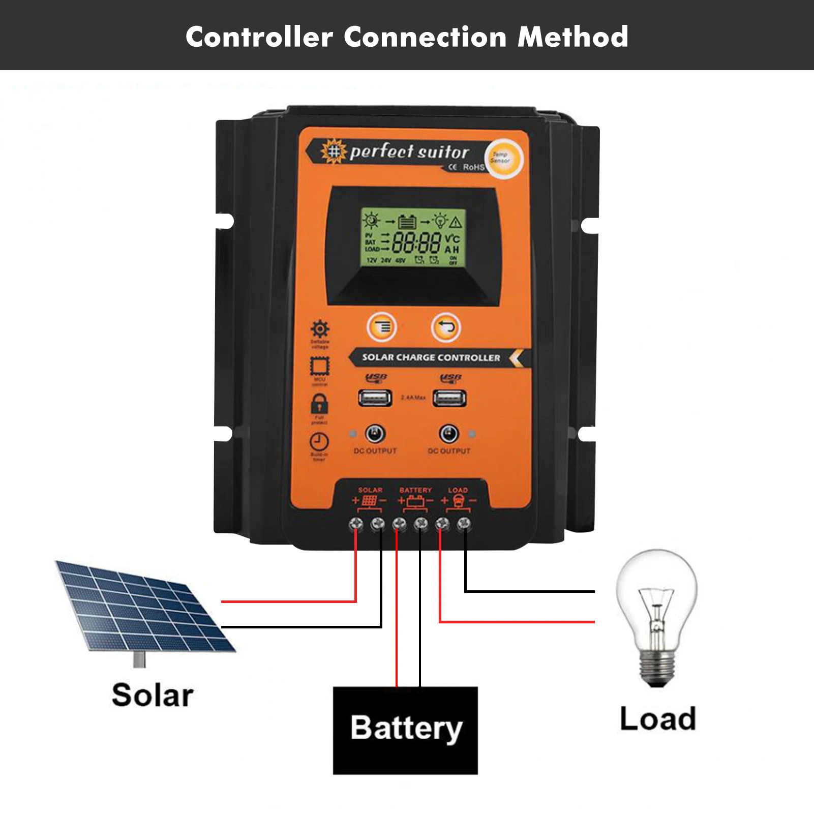 Imagem -03 - Controlador de Carga Solar Mppt 12v 24v Regulador Solar Usb Duplo com Grande Lcd Ip32 Controlador de Bateria Temporizador de Carga Transporte da Gota