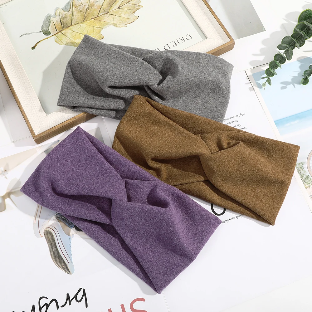 AWAYTR Korea Winter Wide Knitting Cross Headband Women Fashion Solid Color Elastic Yoga Turban Bandage Bandans hair Accessories