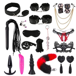 BDSM kit adulti giocattoli del sesso per coppie manette morsetti per capezzoli frusta sculacciata sesso metallo Plug anale vibratore letto esotico Set Bondage