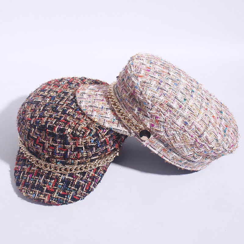 Spring Military Hats Small Grid Vintage Sailor Hats For Women Thread Tweed Yacht Captain Hat Small Sweet Wind Newsboy Cap