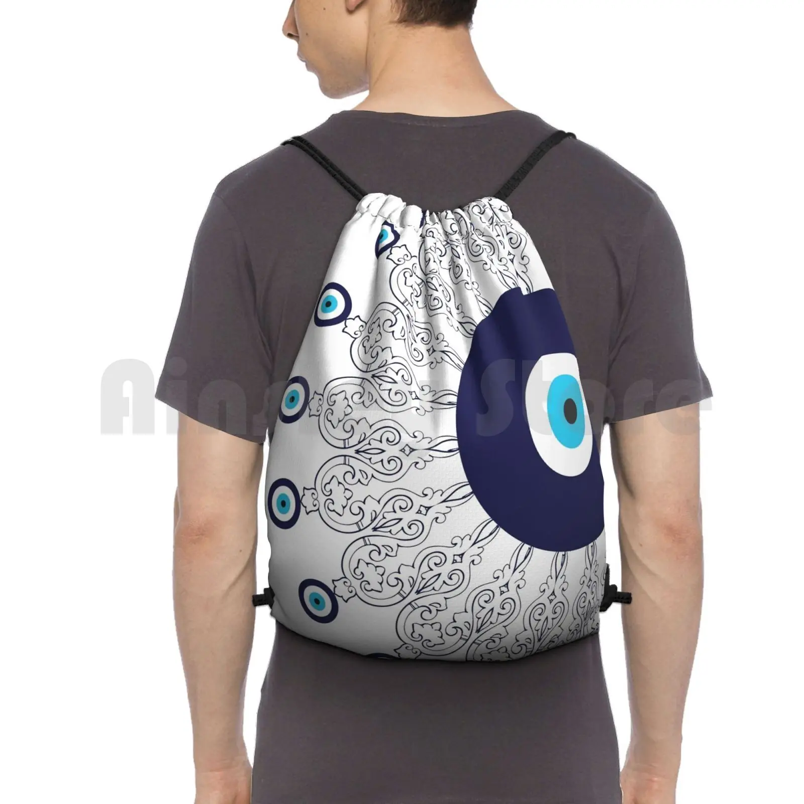 

Navy Blue White Mediterranean Evil Eye Mandala Pattern Backpack Drawstring Bag Riding Climbing Gym Bag Nazar Amulet Evil Eye