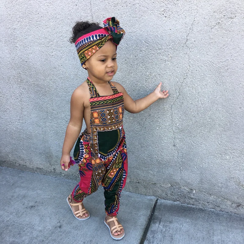 JEMMALEONG 2021 African Clothes Dashiki Floral Print Rompers Summer Jumpsuit Hair Band For Baby Girl African Dress For Kids