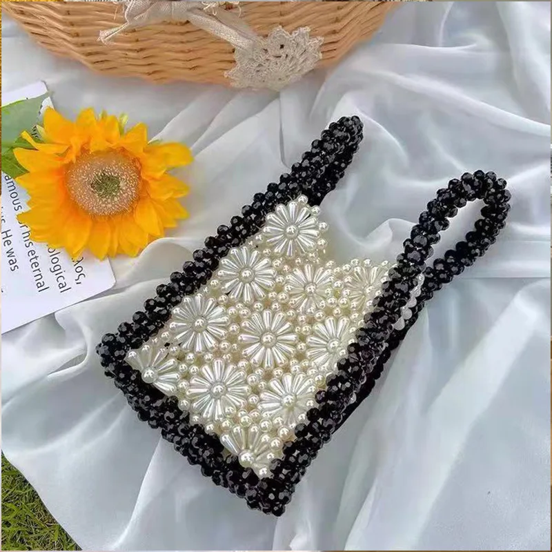 Chrysanthemum Portable Clear Bags for Women Black Border White Pearl Braided Pearl Transparent Bag Summer Flower Acrylic Purse