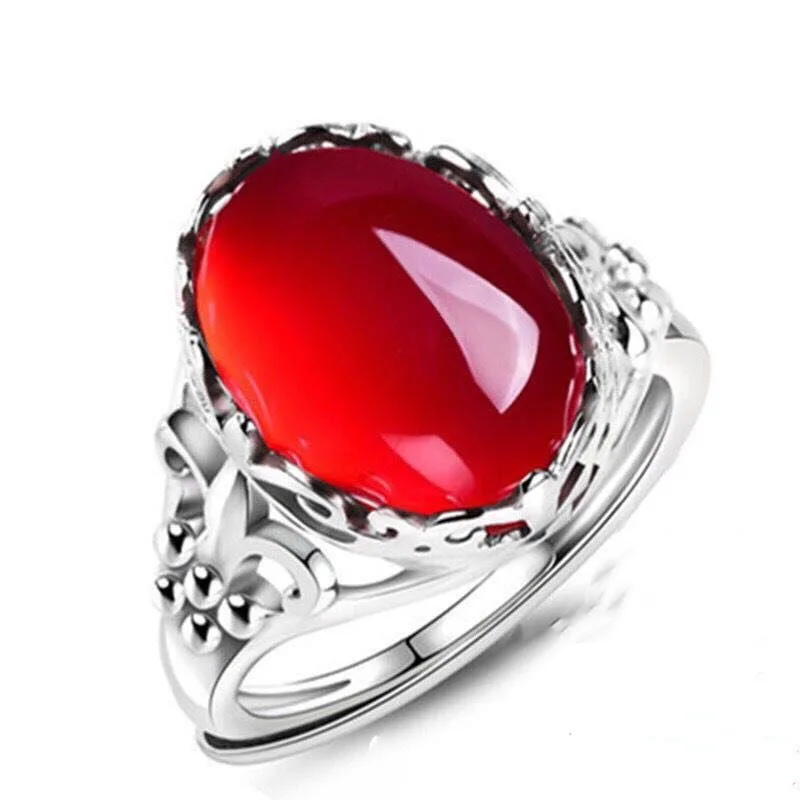 925 Silver Plated Natural Green Chalcedony Gemstone Ring Female Red Agate Atmosphere Fashion Open Ring Birthday Gift