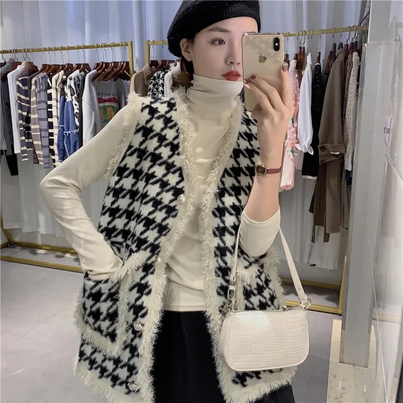 Women\'s Waistcoat All-Match Outer Wear Spring Autumn High-End Ladies Vest Houndstooth Explosion Small Fragrance Jacket Cardigan