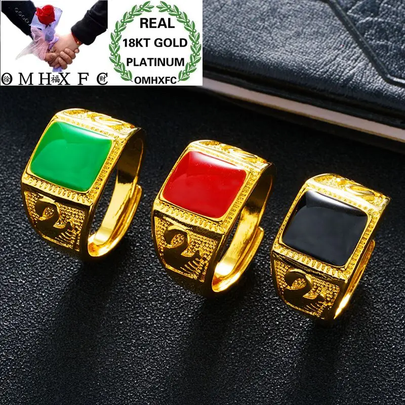 OMHXFC Wholesale European Fashion Male Party Birthday Wedding Gift Green Red Square Oil Drip Resizable 18KT Real Gold Ring RI91