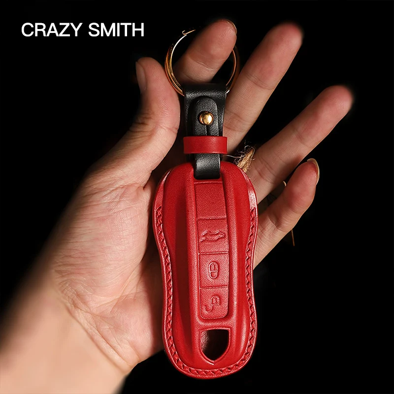 

Crazy Smith Handmade Car Key Cover for Porsche Vegetable Tanned Leather Super Craftsmanship High Quality Gift Black Red Green