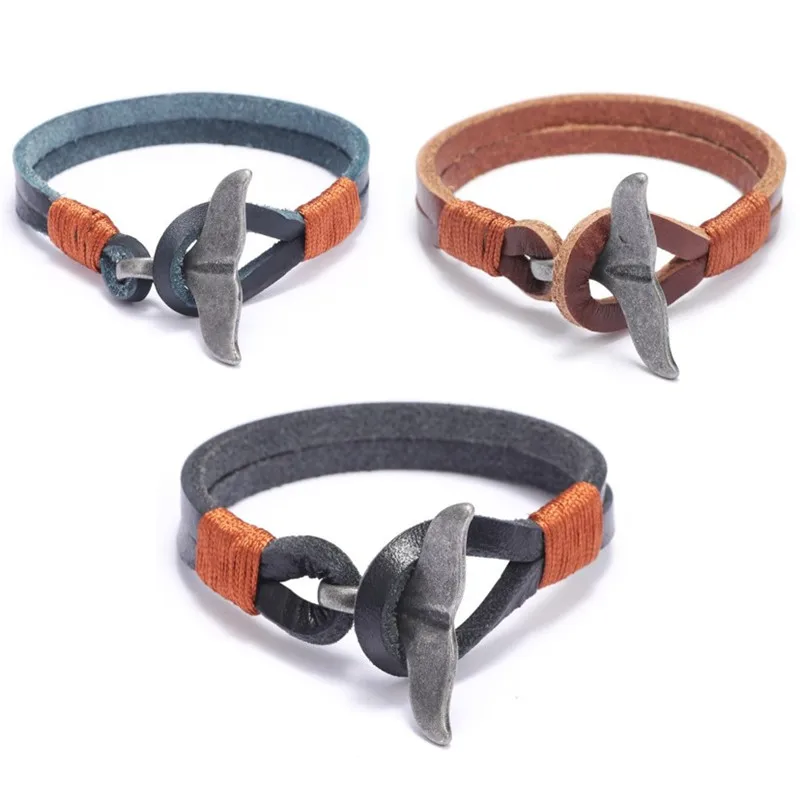 Men Jewelry Real Rope Leather Bracelets For Women Gifts Charms Metal Whale Tail Bangles Bracelets