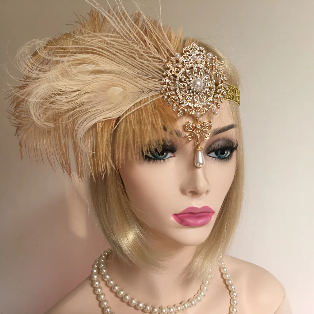 Charleston Feather Headpiece White Rhinestone Pearls 1920s Vintage Great Gatsby for Woman Elegant Party Hair Accessories 2021