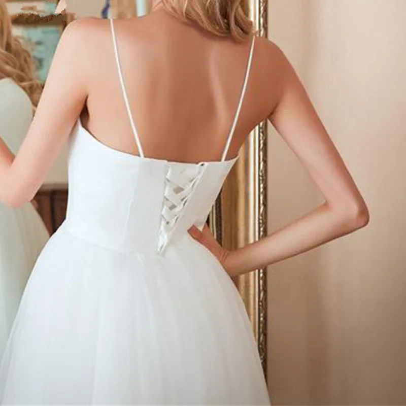 Myyble 2021 barato moda tule vestido de casamento curto cintas espaguete corset chá comprimento vestidos de noiva simples de cas