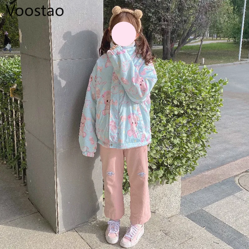 Outono inverno doce lolita estilo casacos de pelúcia feminino bonito urso impressão solto lambswool ambos os lados usar parkas meninas kawaii jk outwear