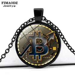 FIMAODZ Coin Bitcoin Necklace Glass Cabochon Pendant Chain Fashion Jewelry for Men Women Gift