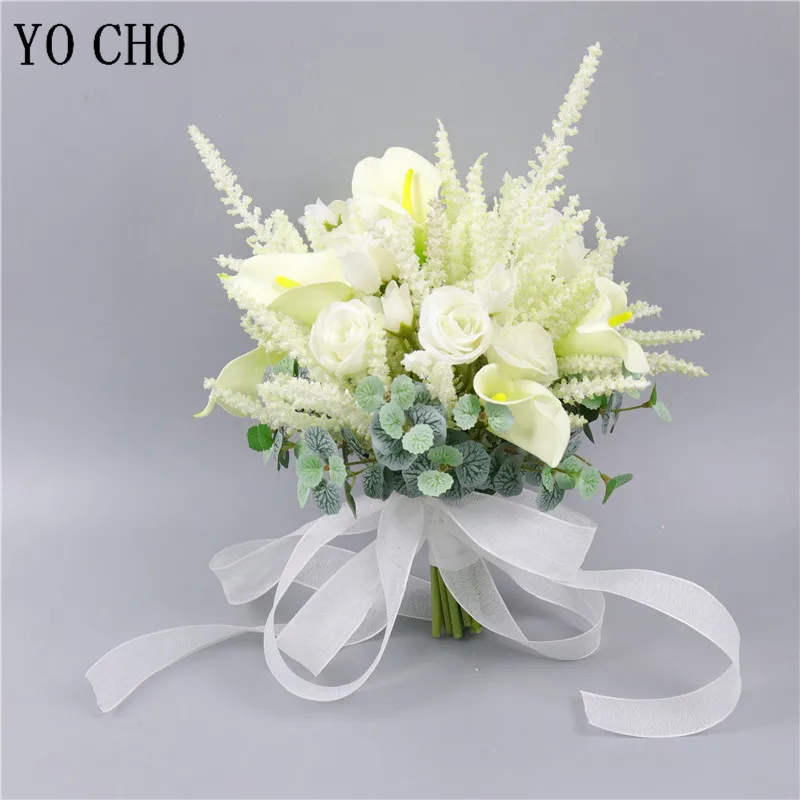 YO CHO White Rose Calla Lily Flower Bouquet Newest Design Bride Wedding Bouquet Flower Home Party Decor Handmade Wedding Supply