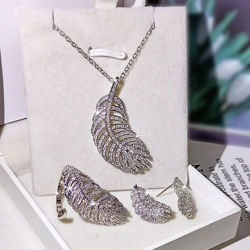 High-End Atmosphere 925 Silver Leaf-Shaped White Zircon Jewelry Set Ring Earrings Necklace Party Wedding Travel Gift Female