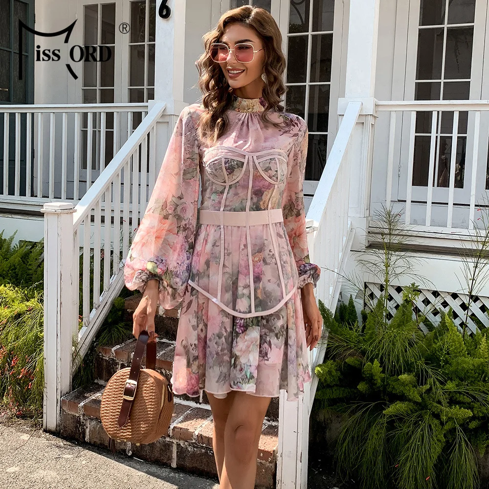 Missord Floral Printed Mini Dress Women High Neck Lantern Sleeve Elegant Dresses Female Long Sleeve A Line Corset Princess Dress