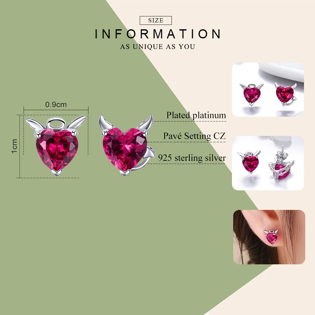 BAMOER moda argento Sterling 925 angelo e diavolo rosa CZ cuore orecchini per le donne gioielli in argento Sterling festa della ragazza