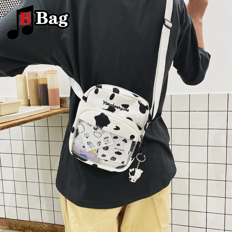 Women Girls Cartoon Cow Print Shoulder Crossbody Bag Cute cow card transparent canvas Satchel itabag