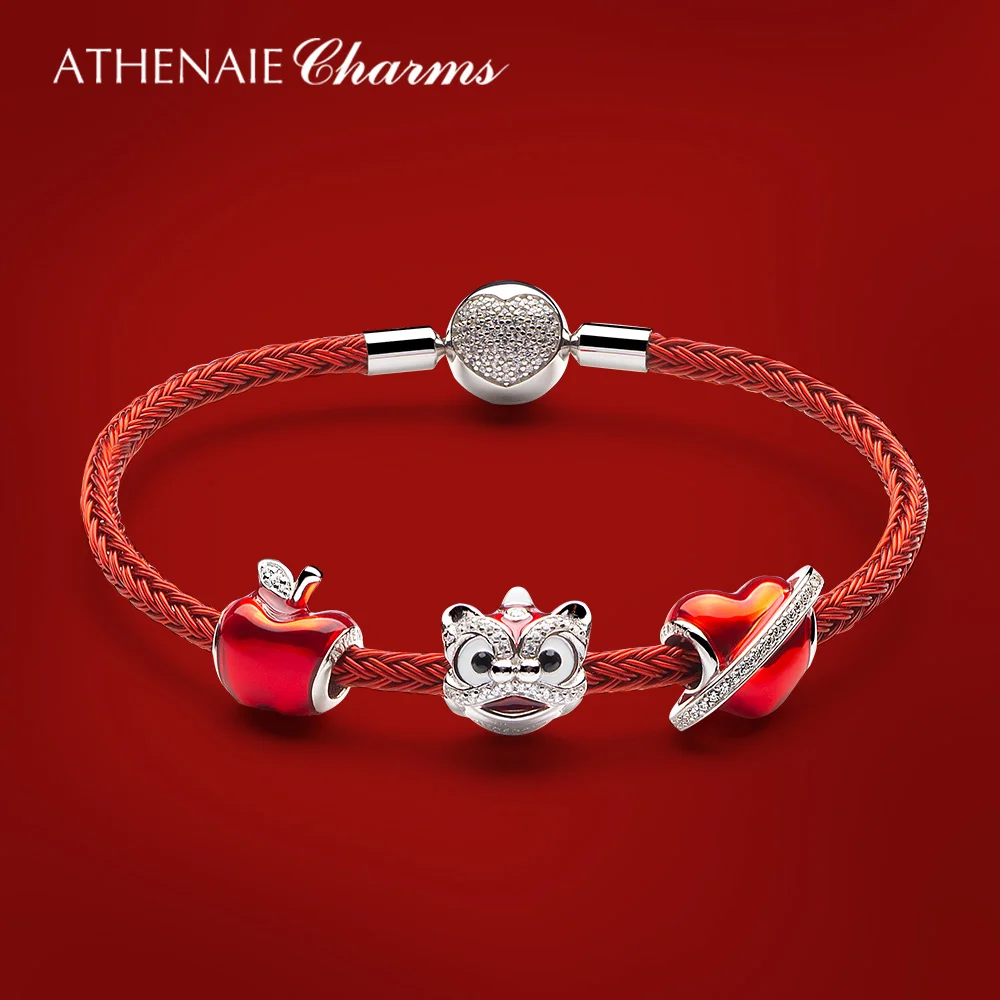 ATHENAIE 925 Sterling Silver Clear CZ Mixed Enamel Chinese Lion Dance Charms Red Enamel Beads Fit Bracelets Gifts For Women