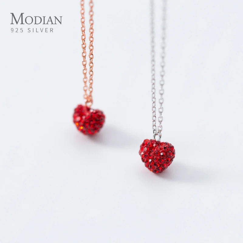 Modian New Collection 100% 925 Sterling Silver Fashion Full Crystal Red Heart Pendant for Women Necklace Fine Jewelry Bijoux