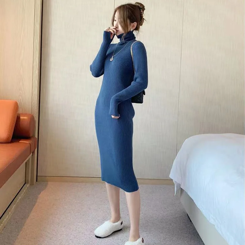 

Women's Maxi Dress Turtleneck Sweater Dress Thicken Loose Knit Long Dresses Autumn Winter