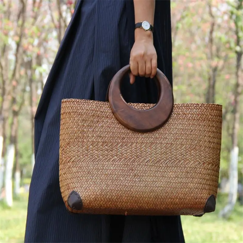 36x20CM Original Chinese Style Handmade Old Straw Bag Rattan Woven Wooden Handle Vintage Handbag Thailand Straw Bag a6103