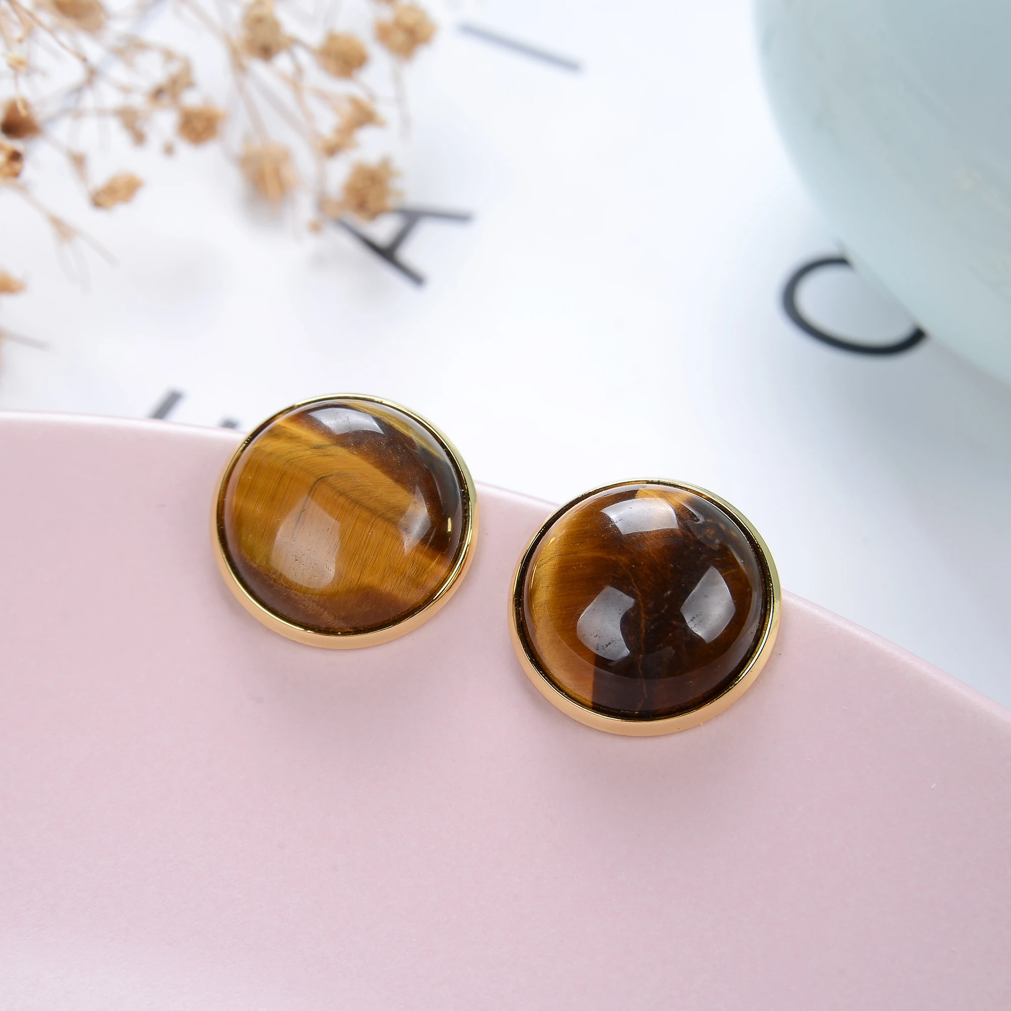 Korean Design Elegant Natural Stone Big Round Clip On Earrings Non Pierced Tiger Eye Stone Ear Clips For Women Jewelry Wholesale