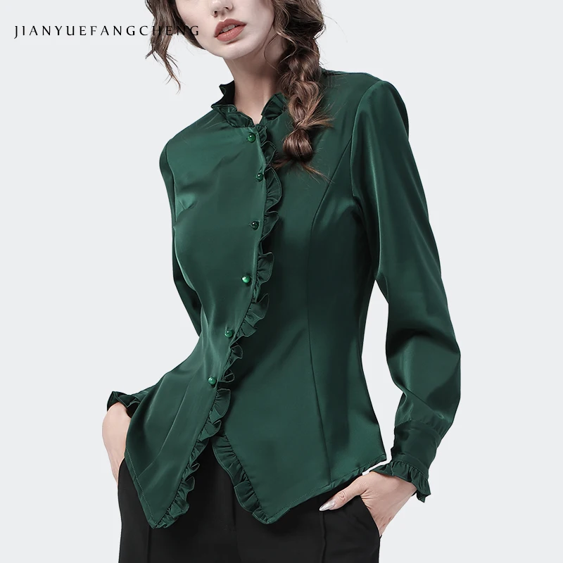 

Elegant Asymmetric Ruffles Womens Shirt Solid Satin Top 2021 Autumn New Long Sleeve Chic Cinched Waist Office Ladies Blouses