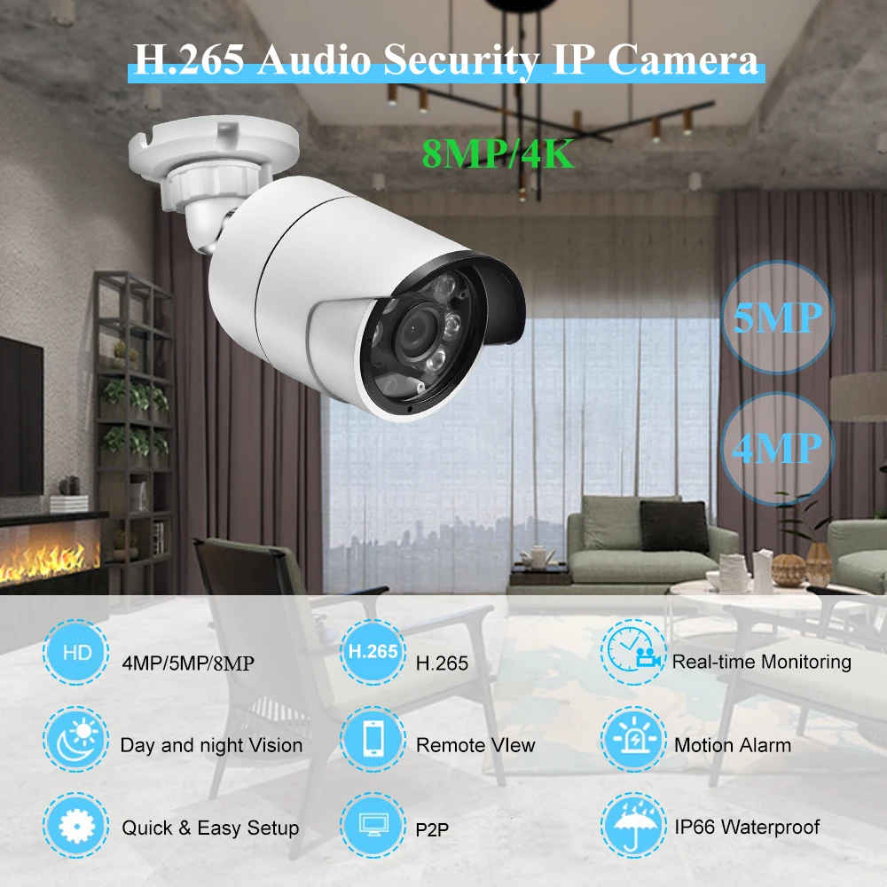 AZISHN H.265+ Audio IP Camera 4K 8MP 1/2.7'' SC8238 FULL HD 6LEDS Outdoor Waterproof POE/DC CCTV Cam Surveillance 2MP/4MP/5MP
