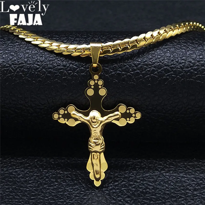 Stainless Steel Jesus Cross Pendants Necklaces for Women Men Gold Color Small Statement Necklace Jewelry Acier Inoxydable N8541