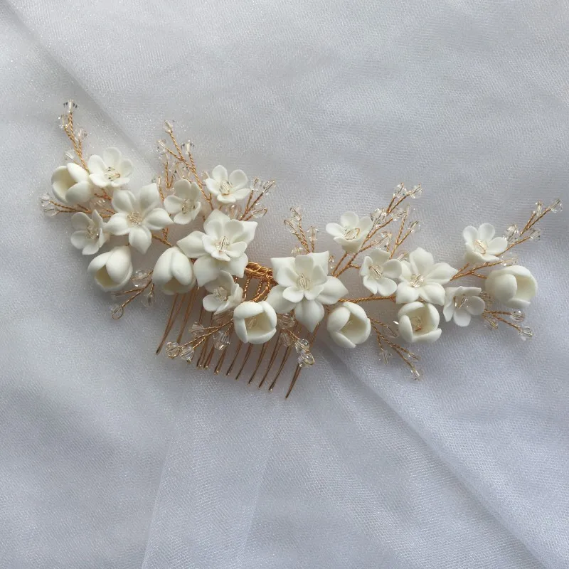 White Ceramic Flower Hair Comb Bridal Crown Pearls Jewelry Handmade Wedding Headpiece Fashion Women Hairpiece