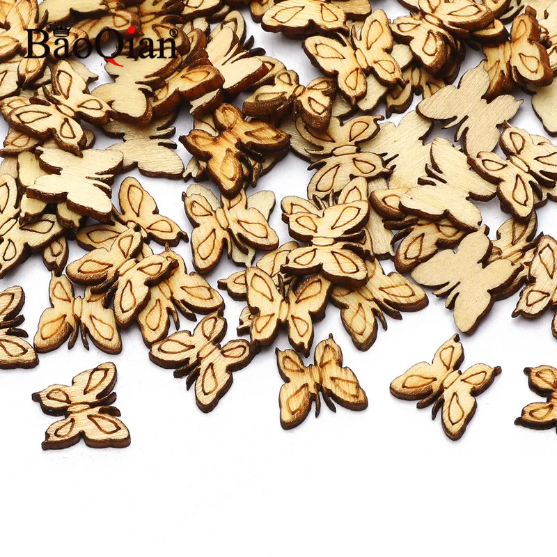 100 sztuk małe Butterfly Chips drewniane wycinanki rzemieślnicze ozdoby Home Decor Scrapbooking sztuka z drewna dekoracje ślubne 10*10mm