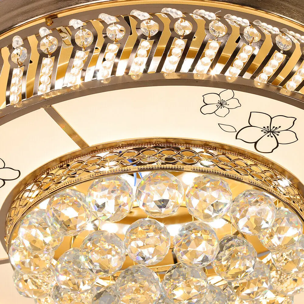 OUKANING Modern Retractable Crystal Ceiling Fan with Light and Remote Control LED Ceiling Light Chandelier Ceiling Fan