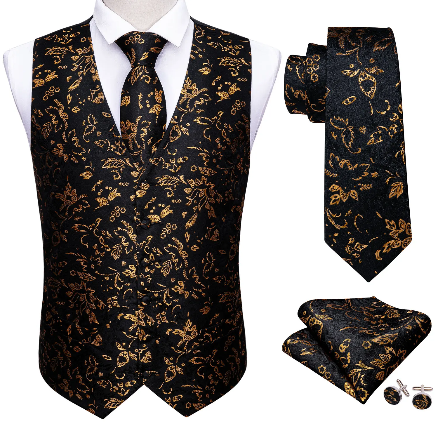 Gold Mens Luxury Brocade Black Floral Suit Vest  Set Silk Tie Waistcoat Set Men Clothes Barry.Wang Fashion Designer M-2037