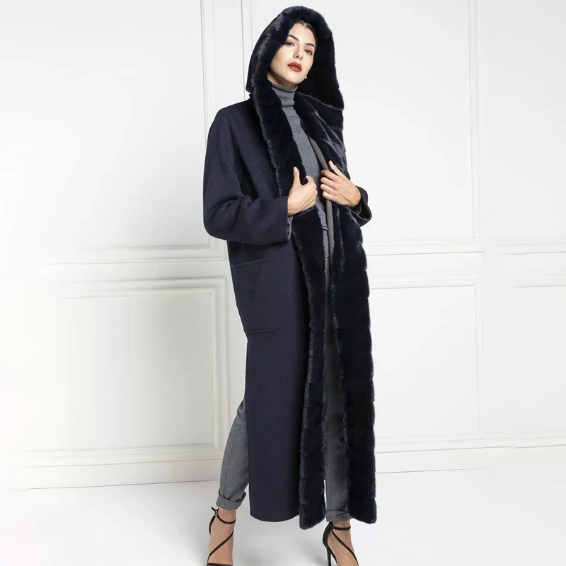 TOPFUR Navy Blue Women's Coat Winter Wool Nizi Coat With Belt Lapel Collar X-Long Clothing With Mink Fur Hood Women's Jacket