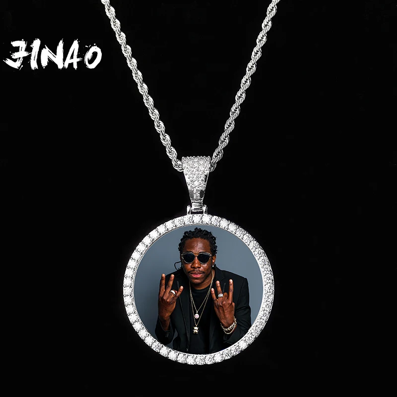 JINAO-Collier et pendentif photo rond personnalisé, glacé, grande taille, tennis JOAAA, cubique, bijoux Hip Hop, 4mm, nouveau