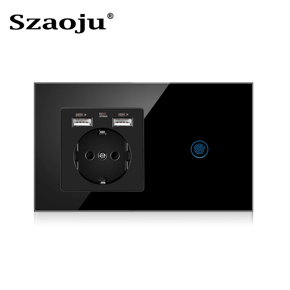 Szaoju Przełącznik czujnika dotykowego z gniazdem USB zasilania UE Panel ze szkła kryształowego Białe czarne złoto Gniazdo ścienne z włącznikiem światła 1/2/3Gang