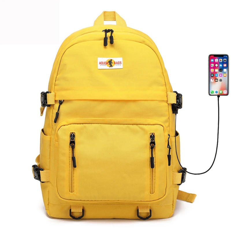 Mochila amarela à prova d\'água, mochila escolar grande para adolescentes usb universitária