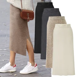 Fashion Autumn Winter Korean Knitted Women Skirts Large Size Elastic Waist Split A-line Skirts Female  Plus Size Skirts