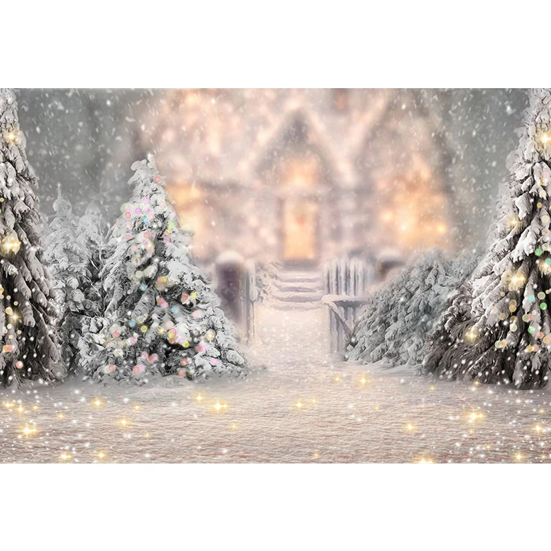 

Bokeh Snowflakes Winter Wonderland Backdrop for Photography Snow Cedar Trees Glitters Baby Kids Christmas Photo Shoot Background