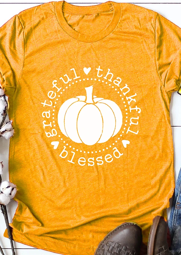 

Letter Slogan Graphic O-Neck Tops Vintage Camisetas Halloween Famity Holiday Paety Tee Grateful Thankful Blessed Pumpkin T-Shirt