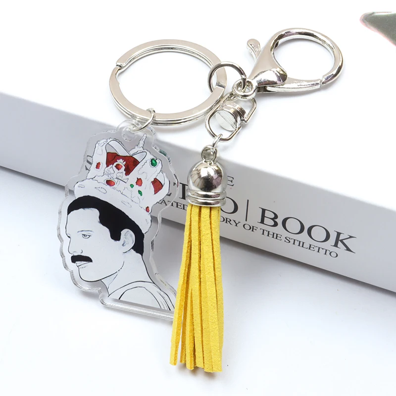 Freddie Mercury The Queen Band Keychain Tassel Charms Rock Star Figure Cartoon Acrylic Key Chain Keyring Let\'s Rock Cool Gesture