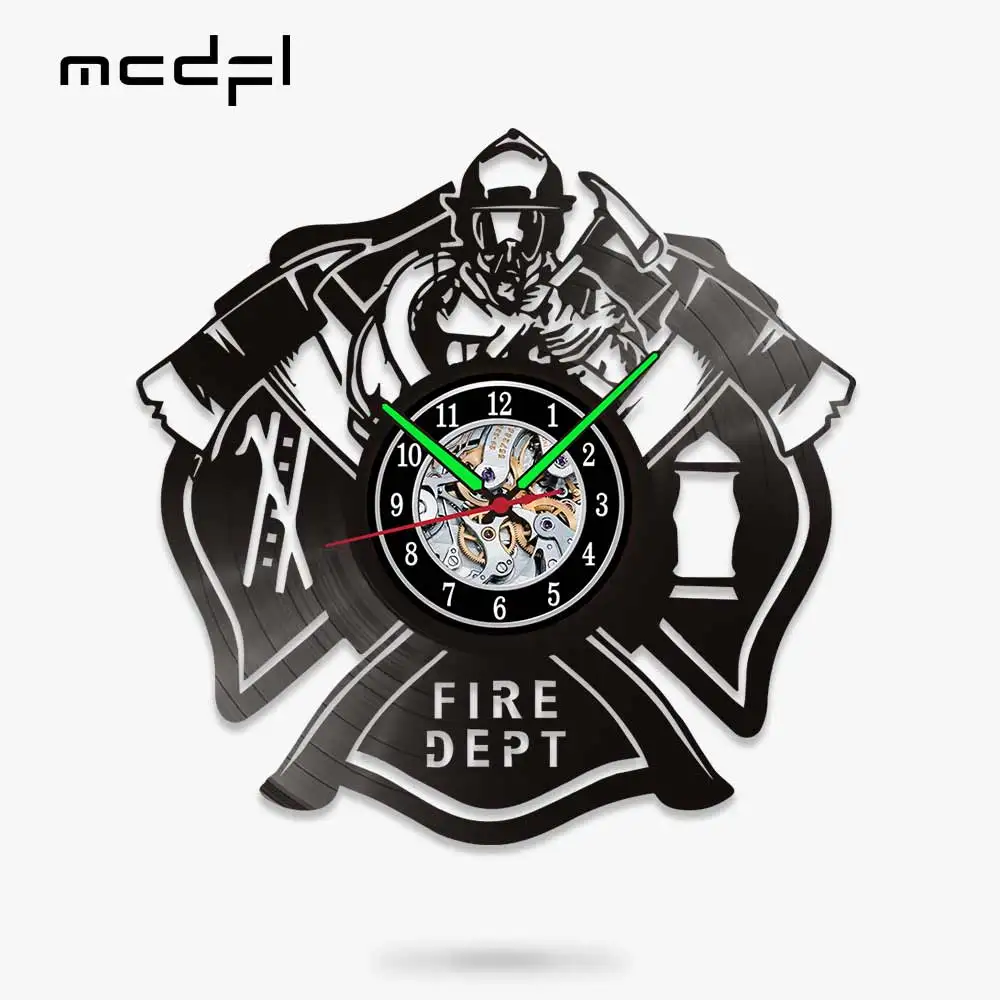 MCDFL Fire Department Vinyl Record Wall Clock Modern Watch Geek Mural Kitchen Decoration Industrial Stickers Rustic Home Decor