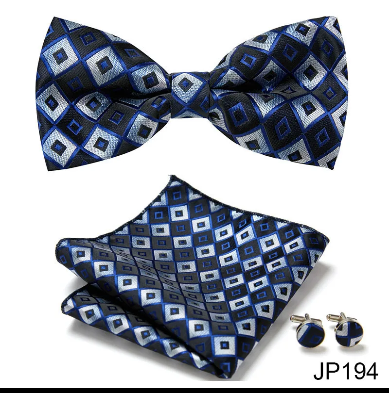 Great Quality Silver Office Butterfly Hanky Cufflink Set Bowtie For Men Geometric Hombre Formal Clothing
